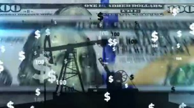 Çalışan yağ pompası silueti 100 dolardan fazla banknot saydı. Rafineri, endüstri, para, enerji ve fosil yakıtların soyut iş metaforu. Kusursuz döngü konsepti. Döngü canlandırması.