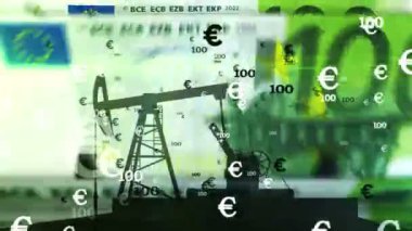 Çalışan yağ pompası silueti 100 Euro 'dan fazla banknot saydı. Rafineri, endüstri, para, enerji ve fosil yakıtların soyut iş metaforu. Kusursuz döngü konsepti. Döngü canlandırması.
