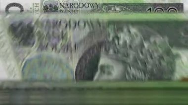 100 Polonyalı Zloty banknotlu para sayma makinesi. Hızlı PLN para birimi rotasyonu. İş, ekonomi, kâr, bankacılık, enflasyon ve kriz kavramı döngüye alınabilir ve kusursuz animasyon.