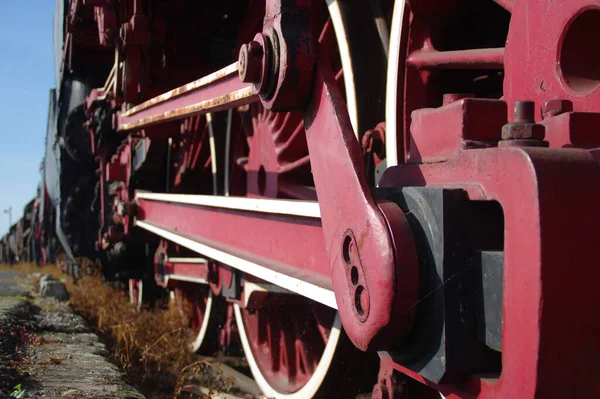 Rodas Trem Vintage Vermelho Parte Retro Locomotiva — Fotografia de Stock