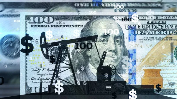 Silueta Olejového Čerpadla Pracující Přes Napočítané 100 Dolarové Bankovky Abstraktní — Stock fotografie