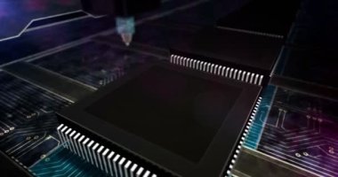 Siber pazartesi satışı, dijital alışveriş, iş, pazarlama, çevrimiçi dükkan ve perakende tanıtım. Fütüristik 3D, dikişsiz, soyut kavram animasyonu. Yanan sembollü bilgisayar fabrikası.