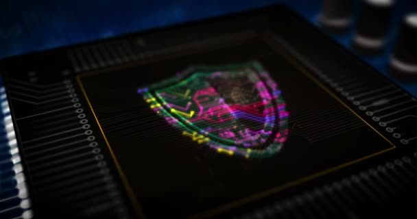 网络安全与盾徽未来主义全息图3D渲染概念动画 计算机保护和网络安全数字背景 Cpu电路上的抽象图标 — 图库视频影像