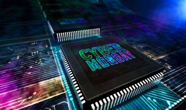 Siber pazartesi satışı, dijital alışveriş, iş, pazarlama, çevrimiçi dükkan ve perakende tanıtım konsepti. Bilgisayar devresi üzerinde uçan gelecekteki üç boyutlu simge. Soyut arkaplan illüstrasyonu.