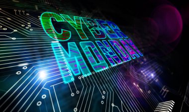 Siber pazartesi satışı, dijital alışveriş, iş, pazarlama, çevrimiçi dükkan ve perakende tanıtım konsepti. Bilgisayar devresi üzerinde uçan gelecekteki üç boyutlu simge. Soyut arkaplan illüstrasyonu.