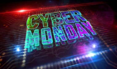 Siber pazartesi satışı, dijital alışveriş, iş, pazarlama, çevrimiçi dükkan ve perakende tanıtım konsepti. Bilgisayar devresi üzerinde uçan gelecekteki üç boyutlu simge. Soyut arkaplan illüstrasyonu.