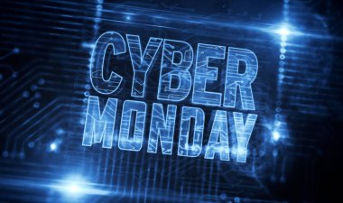 Siber pazartesi satışı, dijital alışveriş, iş, pazarlama, çevrimiçi dükkan ve perakende tanıtım konsepti. Bilgisayar devresi üzerinde uçan gelecekteki üç boyutlu simge. Soyut arkaplan illüstrasyonu.