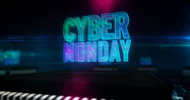 Siber pazartesi satışı, dijital alışveriş, iş, pazarlama, çevrimiçi dükkan ve perakende tanıtım konsepti. Bilgisayar devresi üzerinde uçan gelecekteki üç boyutlu simge. Soyut arkaplan illüstrasyonu.