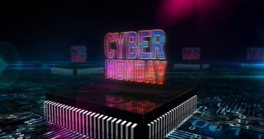 Siber pazartesi satışı, dijital alışveriş, iş, pazarlama, çevrimiçi dükkan ve perakende tanıtım konsepti. Bilgisayar devresi üzerinde uçan gelecekteki üç boyutlu simge. Soyut arkaplan illüstrasyonu.