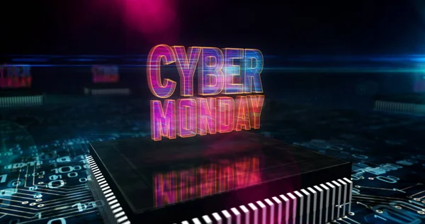 Siber pazartesi satışı, dijital alışveriş, iş, pazarlama, çevrimiçi dükkan ve perakende tanıtım konsepti. Bilgisayar devresi üzerinde uçan gelecekteki üç boyutlu simge. Soyut arkaplan illüstrasyonu.