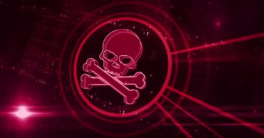 Siber saldırı korsanlığı ve kafatası sembolü dijital konseptle güvenlik ihlali. Siber teknoloji ve bilgisayar ağı arkaplanı soyut 3d canlandırması.