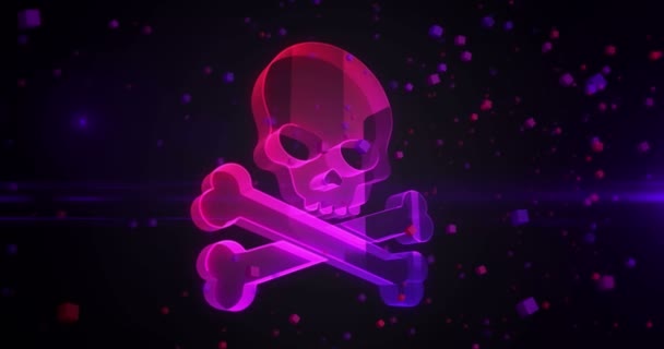 サイバー攻撃 海賊行為とセキュリティ侵害 頭蓋骨シンボル デジタル抽象概念ホログラフィックガラス サイバー技術とコンピュータ背景3Dオブジェクト — ストック動画
