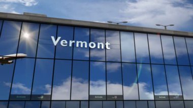 Vermont, USA 3D 'ye uçak iniyor. Cam havaalanı terminali ve jet uçağının yansımasıyla şehre vardık. Seyahat, iş, turizm ve ulaşım 3D konsepti.