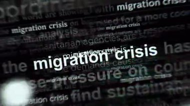 Göç krizi ve mülteciler uluslararası medyada manşet oluyorlar. Gürültü görüntüleme döngüsündeki haber başlıkları kavramı. TV arıza efekti pürüzsüz ve döngülü.