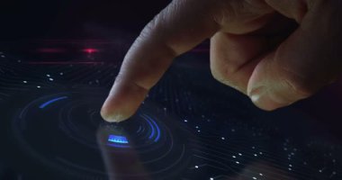 2026 yılı sembolü dijital soyut 3D konsept. Parmak dokunuşu ekranı. Siber teknoloji ve ağ geçmişi. Adam bilgisayar ekranını itiyor.