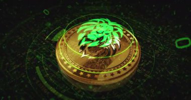 Aslan gücü sembolü altın para dönüyor. Kamera 3 boyutlu metal parlaklıklar etrafında döner. Fintech, çevrimiçi ödeme ve dijital işlem soyut kavramı.