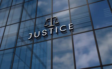 Adalet ve mahkeme cam bina konsepti. Ön cephede adliye sembolü 3D illüstrasyon.