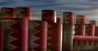 Bahreyn petrol işi ve yakıt çıkarma varilleri konsepti. Bahreyn petrol endüstriyel metal varil konteynerleri.