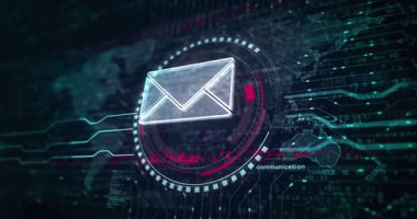 Zarf e-posta ve posta sembolü soyut dijital kavram. Küresel ağ ve siber teknoloji arkaplanı pürüzsüz ve döngülü 3D animasyon.