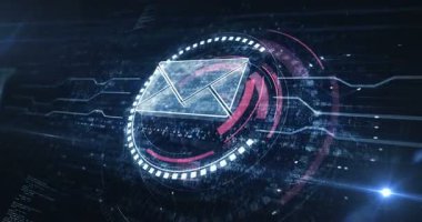 Zarf e-posta ve posta sembolü dijital konsept. Siber teknoloji ve bilgisayar arkaplanı soyut 3D animasyon. Kusursuz ve döngüsüz.