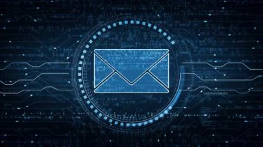 Zarf e-posta ve posta sembolü soyut dijital kavram. Ağ, siber teknoloji ve bilgisayar arkaplanı pürüzsüz ve döngülü.