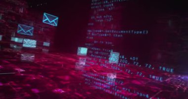 Zarf e-posta ve posta sembolü soyut siber konsept. Dijital teknoloji arka planı pürüzsüz ve döngüsel dinamik 3D animasyon.