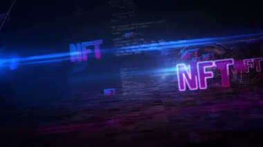 Soyut dijital arkaplan üzerinde finanse edilemez sembol. 3d simgeli uçuş siber teknoloji konsepti kusursuz döngülenebilir animasyon.