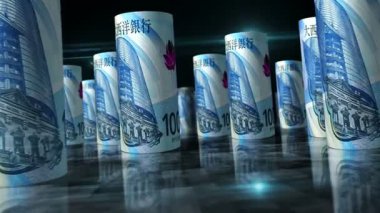 Macau money Macanese pataca rolls loop 3d. Money on table. Seamless and loopable abstract concept of economy, finance and business. Camera between 100 MOP rolled banknotes.