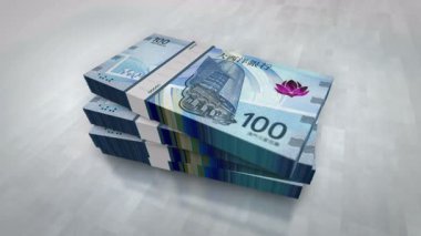 Macau money Macanese pataca pile pack. Concept background of economy, banking, business, crisis, recession, debt and finance. 100 MOP banknotes stacks 3d.