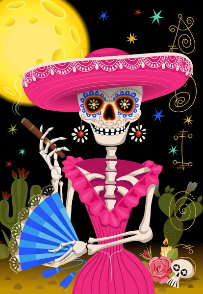 メキシコの骨格死んだ休日の日メキシコのパーティーイラスト 民族の人々美しい女性 — ストック写真