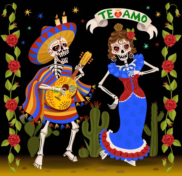 美丽的骨架的女人和一个男人 死亡日设计 骷髅舞海报 我爱你的西班牙语是我的 墨西哥党 — 图库照片#