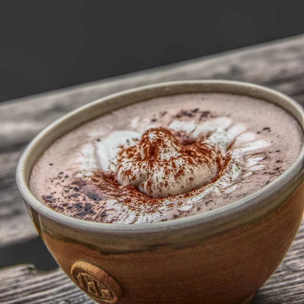 Csésze Forró Csokoládé Egy Régi Fából Készült Deszka — Stock Fotó