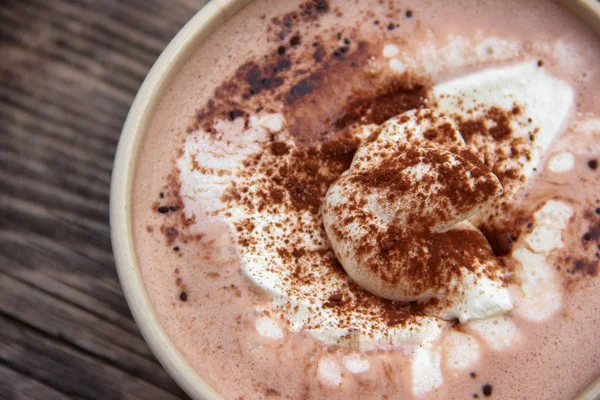 Kopje Warme Chocolademelk Een Oude Houten Plank — Stockfoto