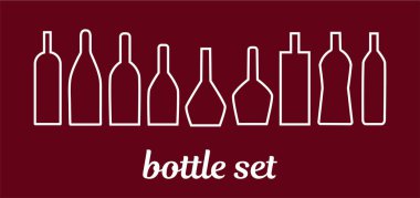 Dokuz basit modern alkol içecekler simgeleri, şarap, şampanya, likör, konyak vb şişeler, vektör illüstrasyon