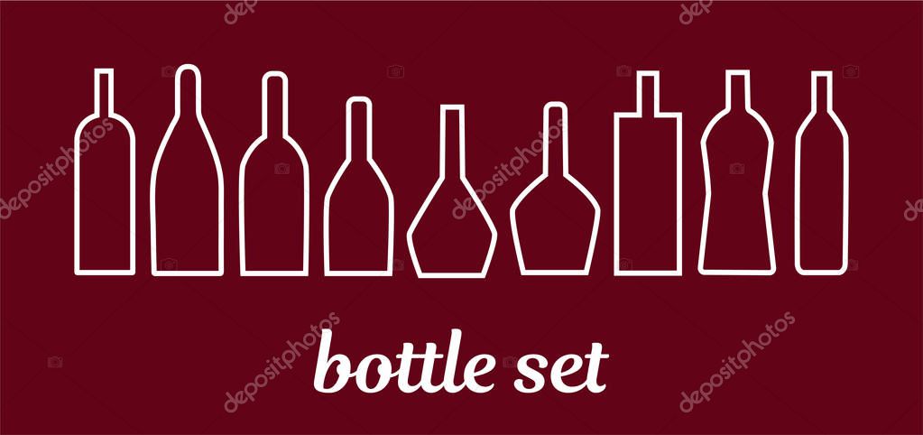 Nine simple modern alcohol drinks icons, wine, champagne, liqueur, cognac etc. bottles, vector illustration