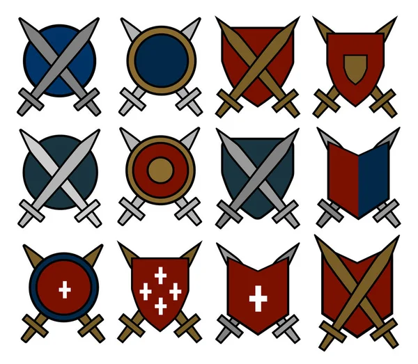 Big Set Various Ancient Flat Shields Swords Vector Illustration Usable — Stock Vector