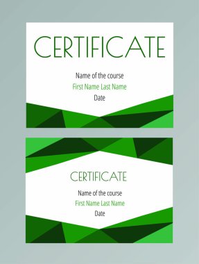 İki temiz çokgen sertifika şablonu kümesi. Hediye kartları ve eğitim kursları için kullanılabilir. A4/A5 standart boyutları. Vektör çizimi 