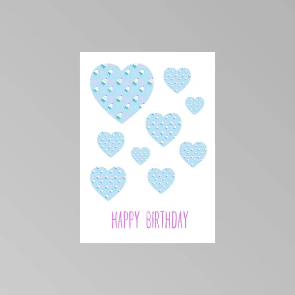 Doce Cartão Saudação Com Corações Cupcake Feliz Aniversário Cartaz Banner — Vetor de Stock