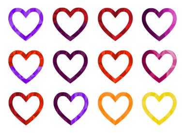 12 poligonal parlak halftone kalp çerçeveleri ayarlayın. Kartlar, davetiyeler, posterler, afişler, günlükler, dergiler için kullanılabilir. Sevgililer Günü dekoratif unsurlar. Vektör çizimi.