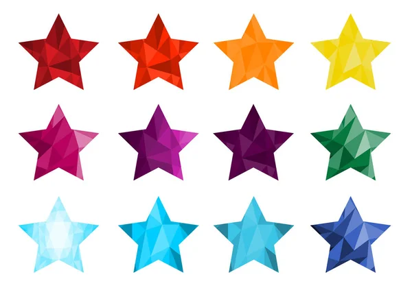 12 poligonal parlak halftone yıldız kümesi. Kartlar, davetiyeler, posterler, afişler, günlük vb. için kullanılabilir Vektör çizimi.