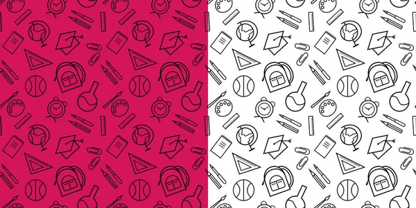Okula geri iki eğlenceli çocuk seti sorunsuz tekrar desenleri. Siyah doğrusal semboller/simgeler içeren beyaz ve pembe arka planlar. Ambalaj kağıdı, poster, kart, defter, hurda rezervasyon için kullanılabilir. Vektör.