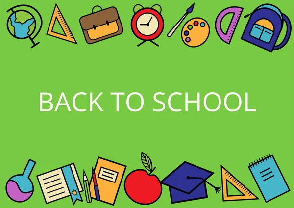 Okula geri parlak poster tasarımı. Açık yeşil arka planda okul simgeleri. A4/A5 standart ölçekli boyut. Vektör çizimi  