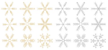 Gümüş ve altın kar taneleri seti. Yeni yıl ve Noel koleksiyonu. Vektör çizimi