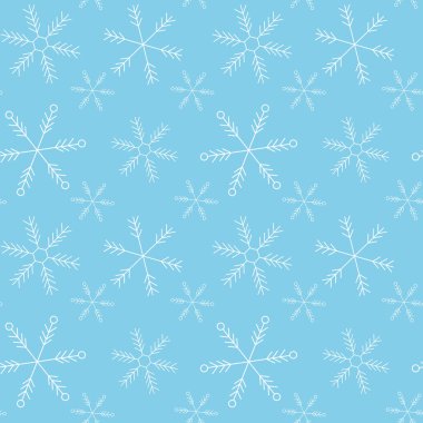 Sevimli vektör sorunsuz kış deseni, mavi arka planda beyaz kar taneleri. Noel ve Yeni yıl süsü. Ambalaj kağıdı, afiş, afiş, hediye kartları, tekstil, nevresim vb için kullanılabilir.