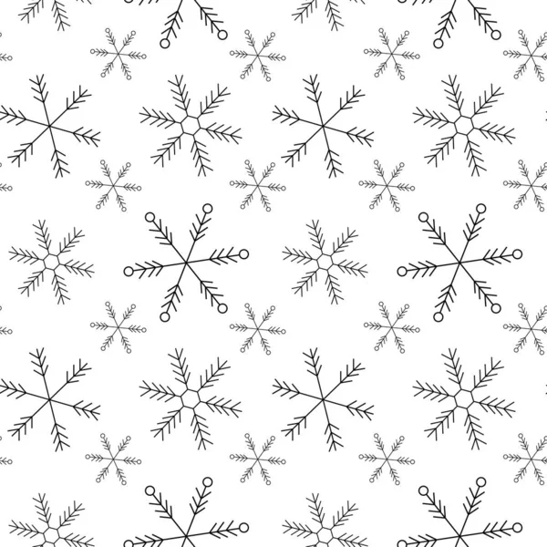 Kış dikişsiz desen, beyaz arka planda siyah doğrusal kar taneleri. Ambalaj kağıdı, yeni yıl afişleri, kartlar, afişler için kullanılabilir. Vektör çizimi