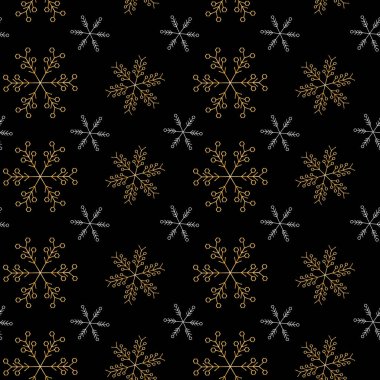 Siyah arka planda beyaz ve altın kar taneleri ile yeni yıl sorunsuz tekrar desen. Parti davetiyeleri, kartlar, posterler, ambalaj kağıdı, ambalaj, tekstil için kullanılabilir. Vektör çizimi