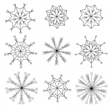 Yeni yıl ve Noel koleksiyonu 9 siyah doğrusal kar taneleri. Posterler, kartlar, afişler, arka planlar için kullanılabilir. Vektör çizimi