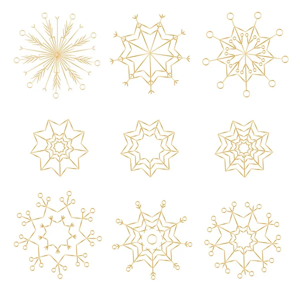 9 altın izole kar taneleri ayarlayın. Yeni yıl ve Noel nesneleri. Tebrik kartları, posterler, desenler, afişler, ambalaj kağıdı için kullanılabilir. Vektör çizimi
