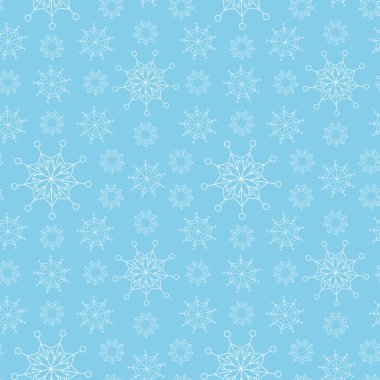 Açık mavi kar tanesi dikişsiz desen. Yeni yıl ve Noel süsü. Parti davetiyeleri, kartlar, posterler, ambalaj kağıdı, ambalaj, tekstil için kullanılabilir. Vektör çizimi