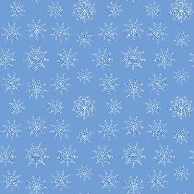 Kar tanesi dikişsiz desen. Beyaz ve açık mavi Yeni yıl ve Noel süsü. Vektör illüstrasyon ambalaj kağıdı, posterler, davetiyeler, tebrik kartları, afişler için kullanılabilir 